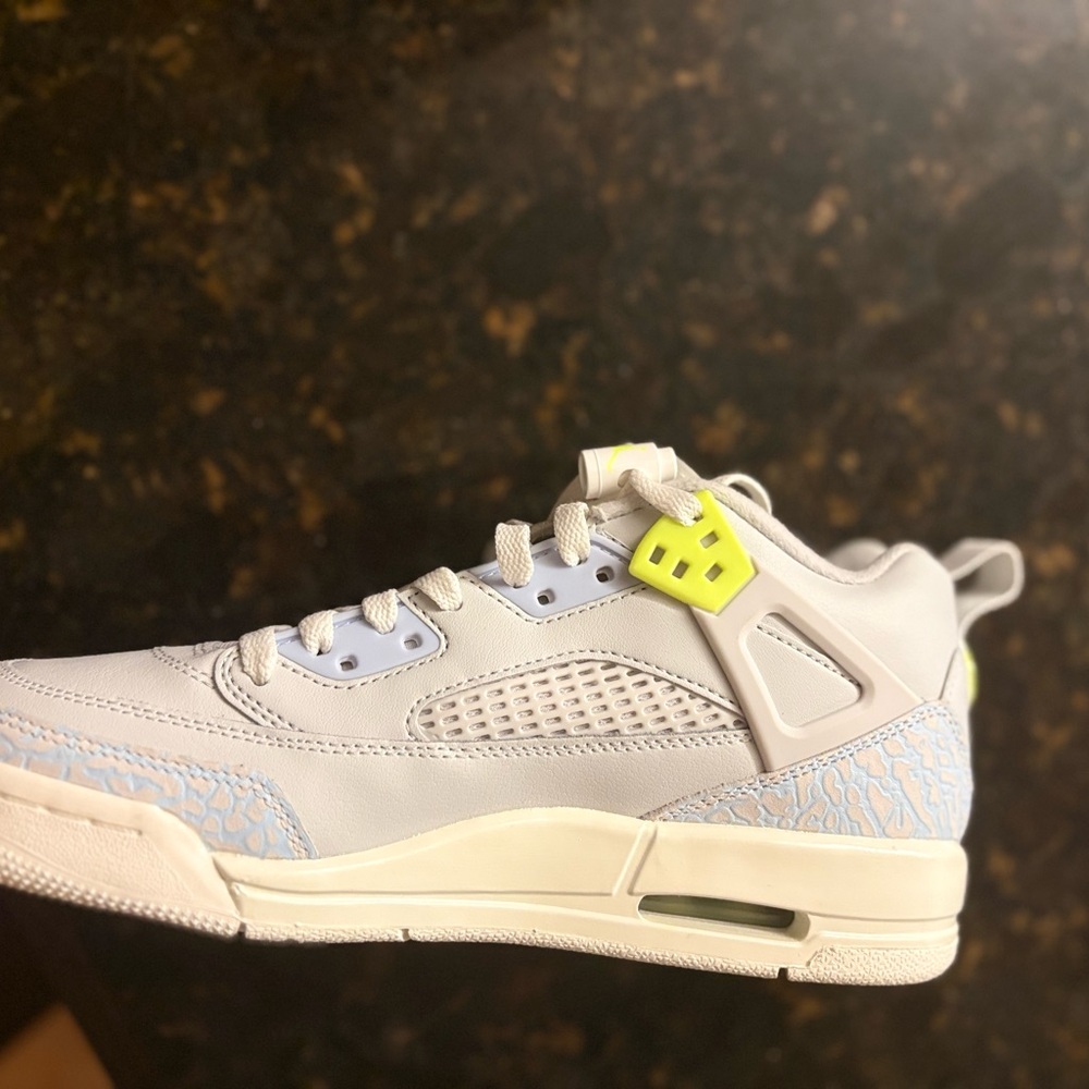 Jordan Women's White and Light Blue Sneakers with Neon Yellow Accent